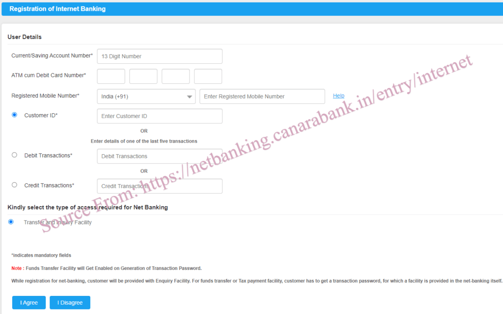 Canara Bank Net Banking Registration